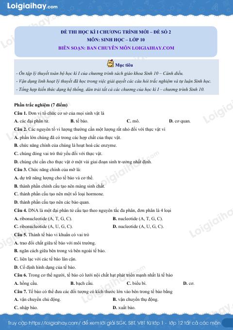 Đề thi học kì 1 Sinh 10 Cánh diều - Đề số 2